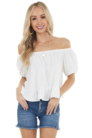 Ivory Short Puff Sleeves Woven Crop Top with Ruffle Detail