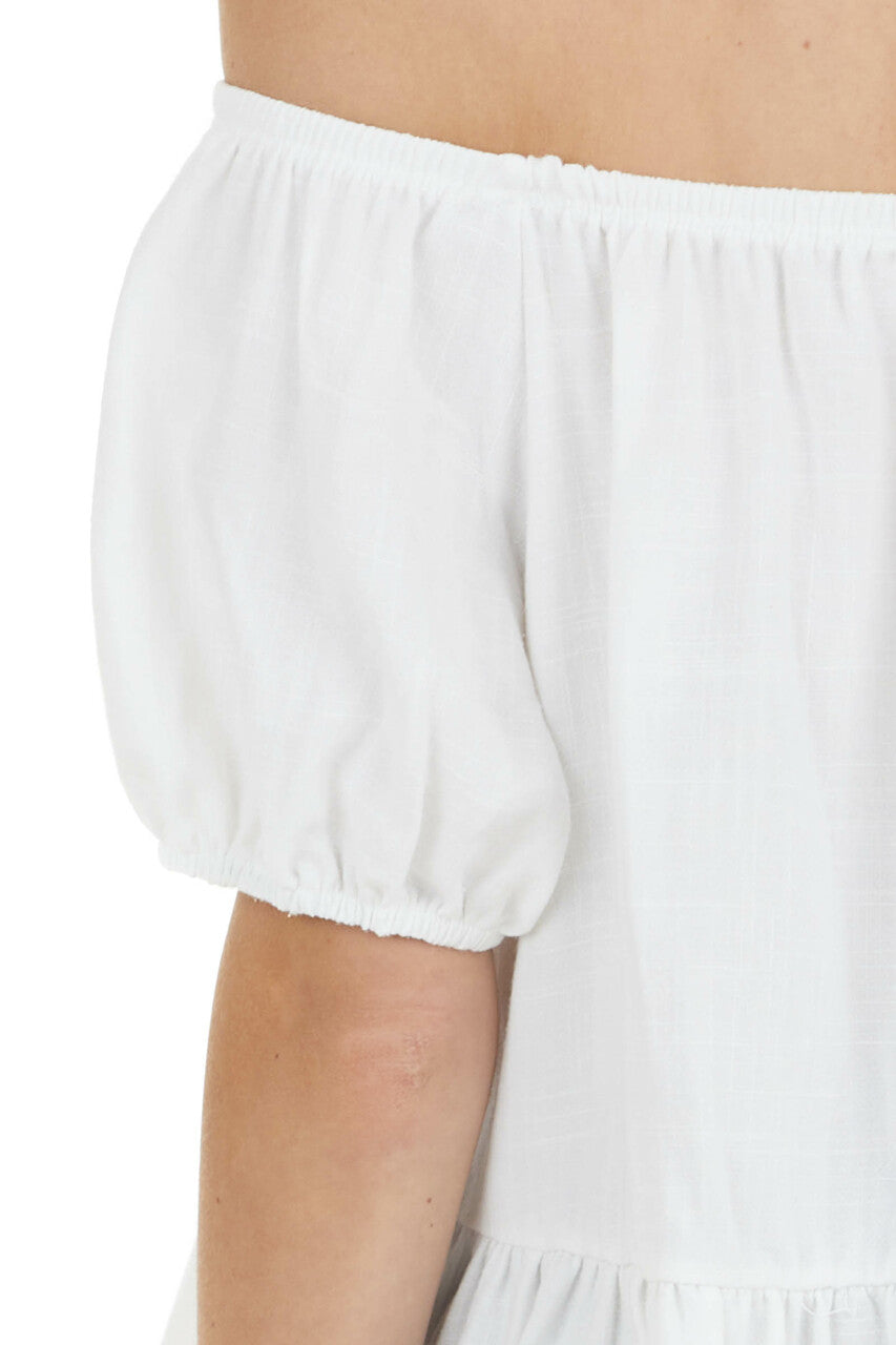 Ivory Short Puff Sleeves Woven Crop Top with Ruffle Detail