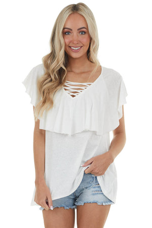 Ivory Short Sleeve Caged Neck Overlaying Top 