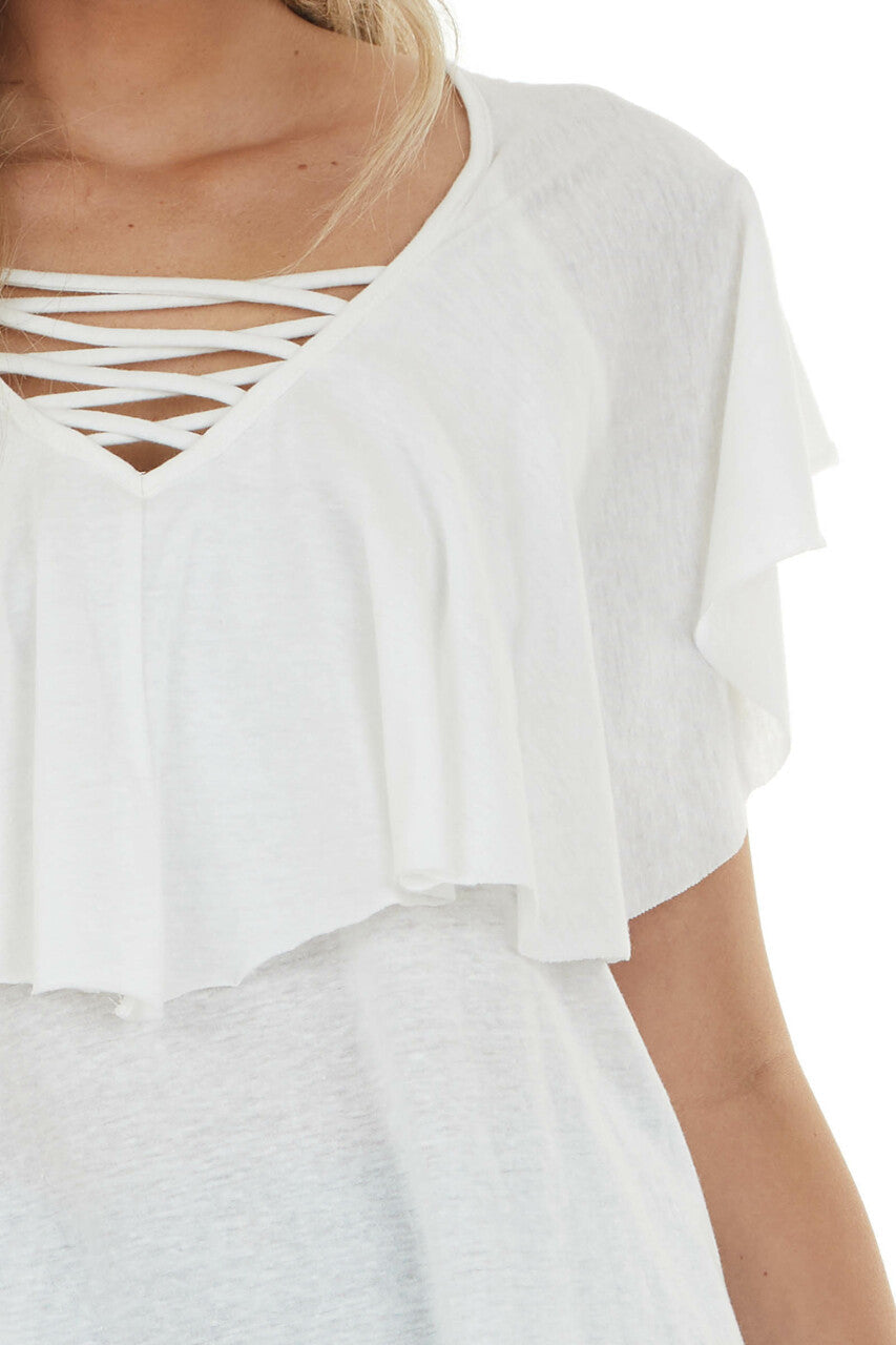 Ivory Short Sleeve Caged Neck Overlaying Top 