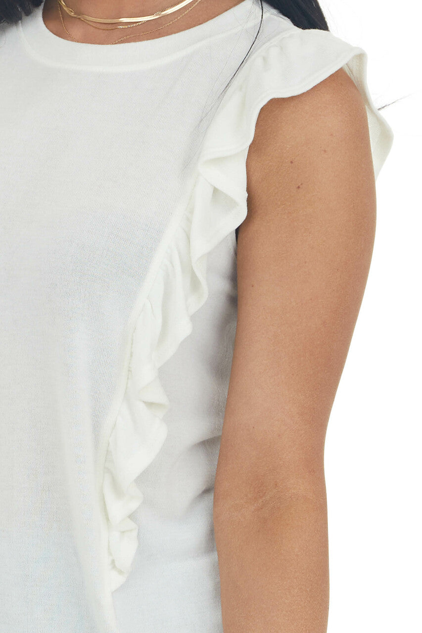 Ivory Sleeveless Stretchy Knit Ruffle Top 