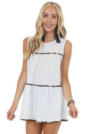 Ivory Sleeveless Stretchy Knit Top with Leopard Print Detail