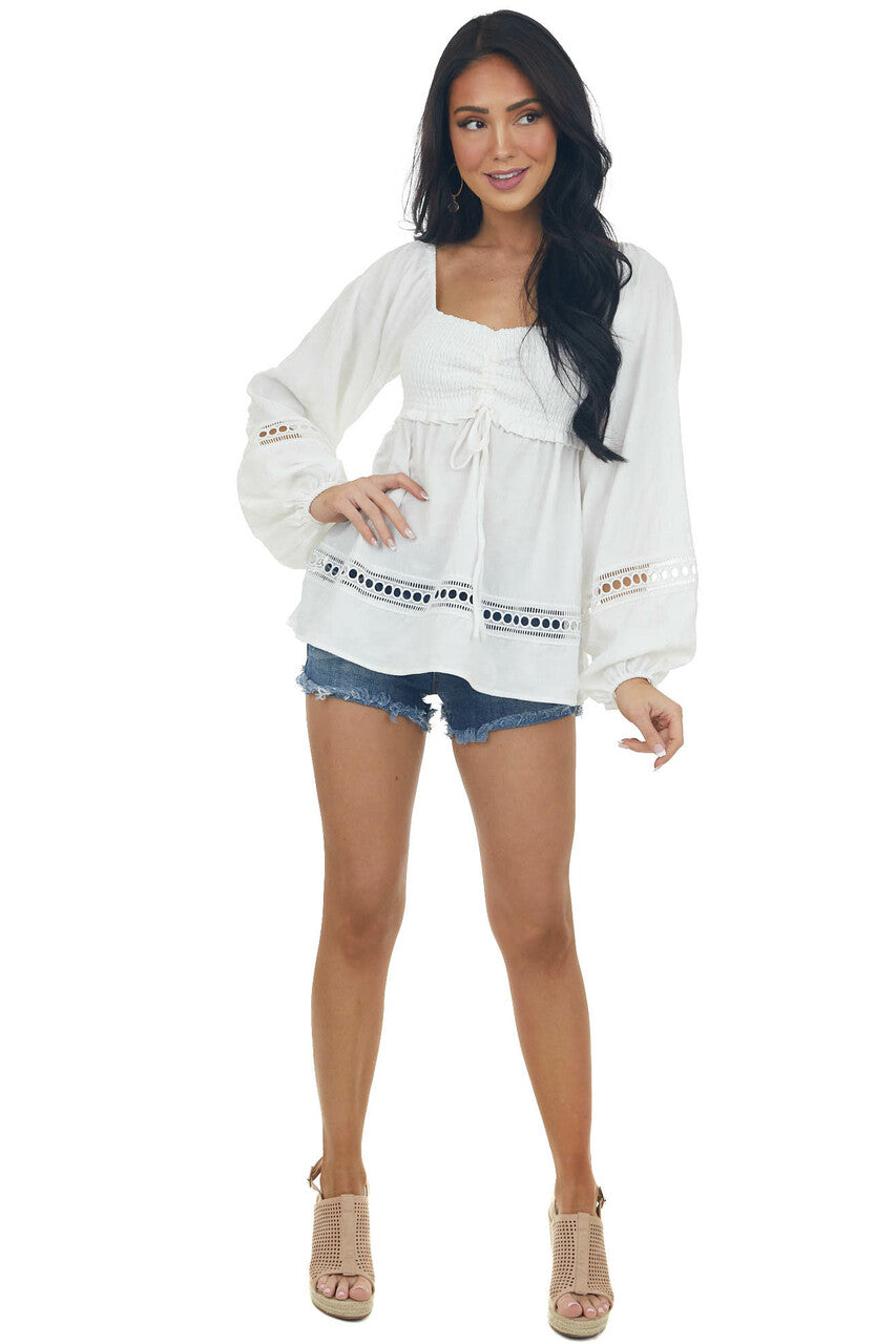 Ivory Smocked Bust Lace Detailed Blouse 
