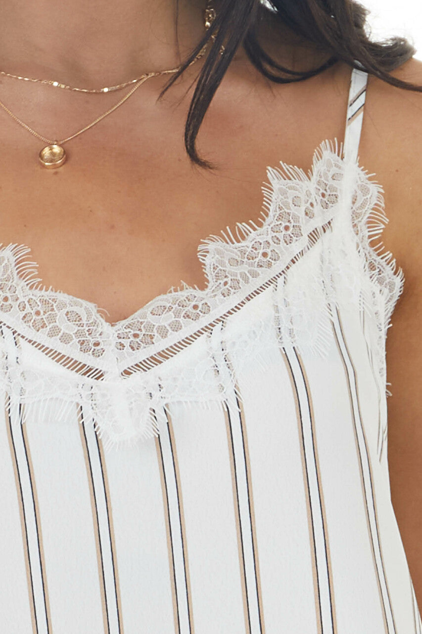 Ivory Striped Woven Camisole with Lace Trimmed V Neckline
