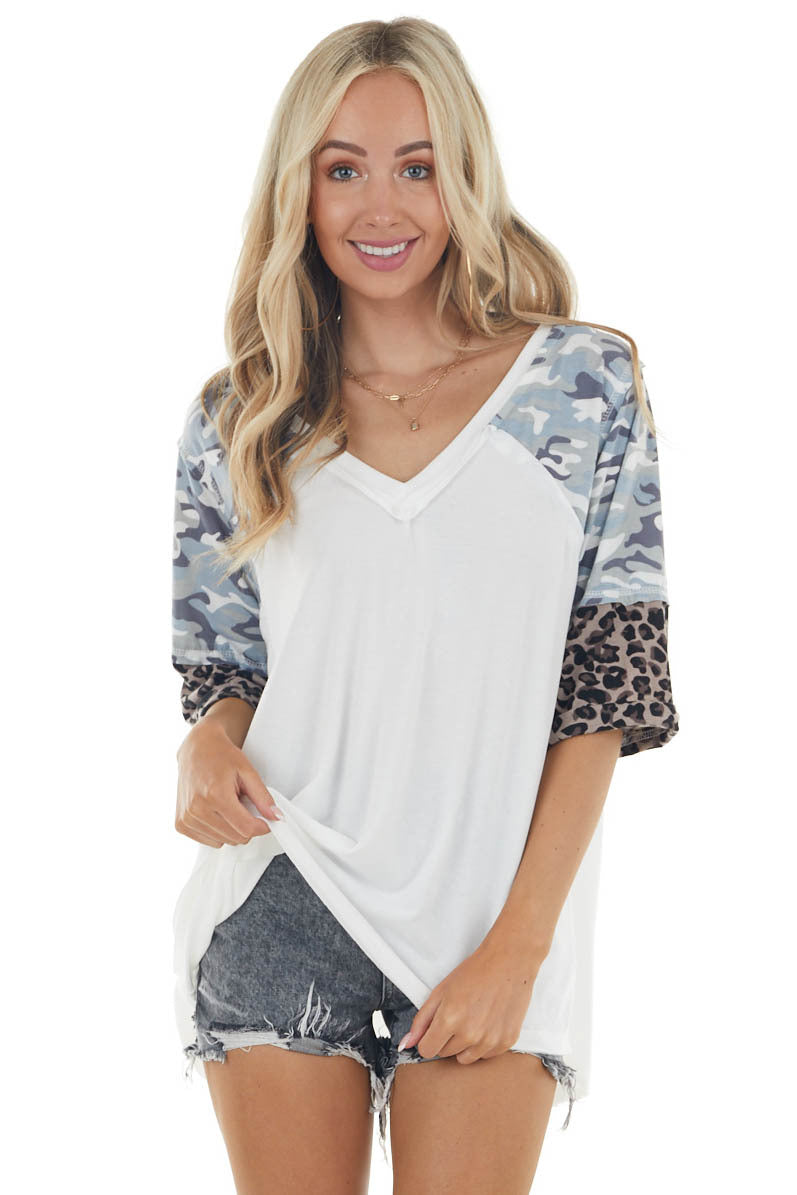 Ivory Super Soft Knit Top with 3/4 Length Multiprint Sleeves