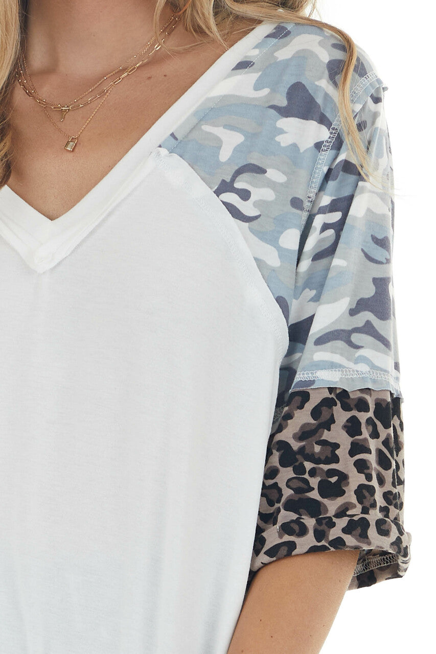 Ivory Super Soft Knit Top with 3/4 Length Multiprint Sleeves