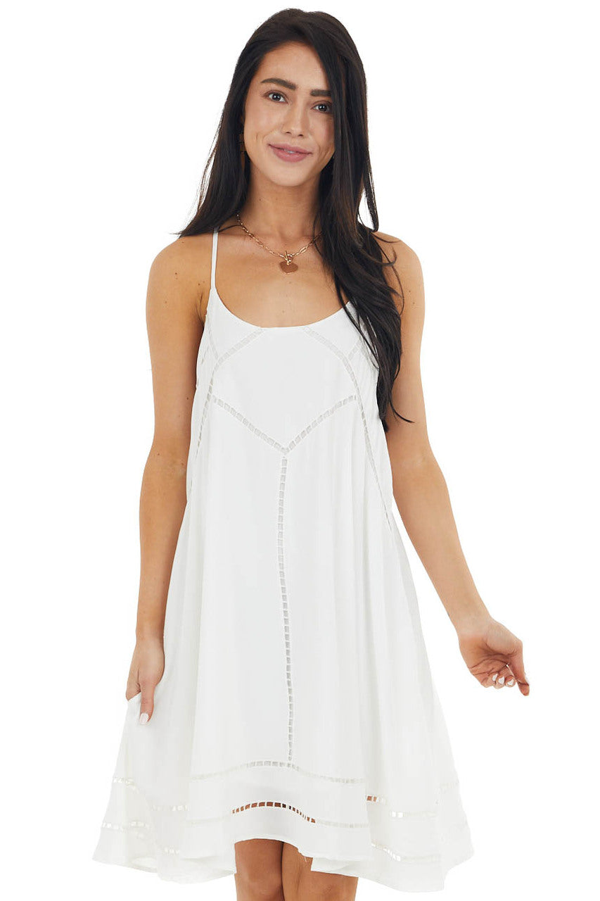 Ivory Swing Sleeveless Short Dress with Lace Detail