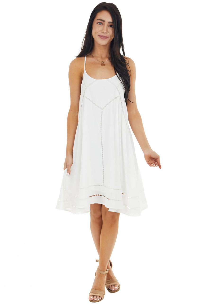 Ivory Swing Sleeveless Short Dress with Lace Detail