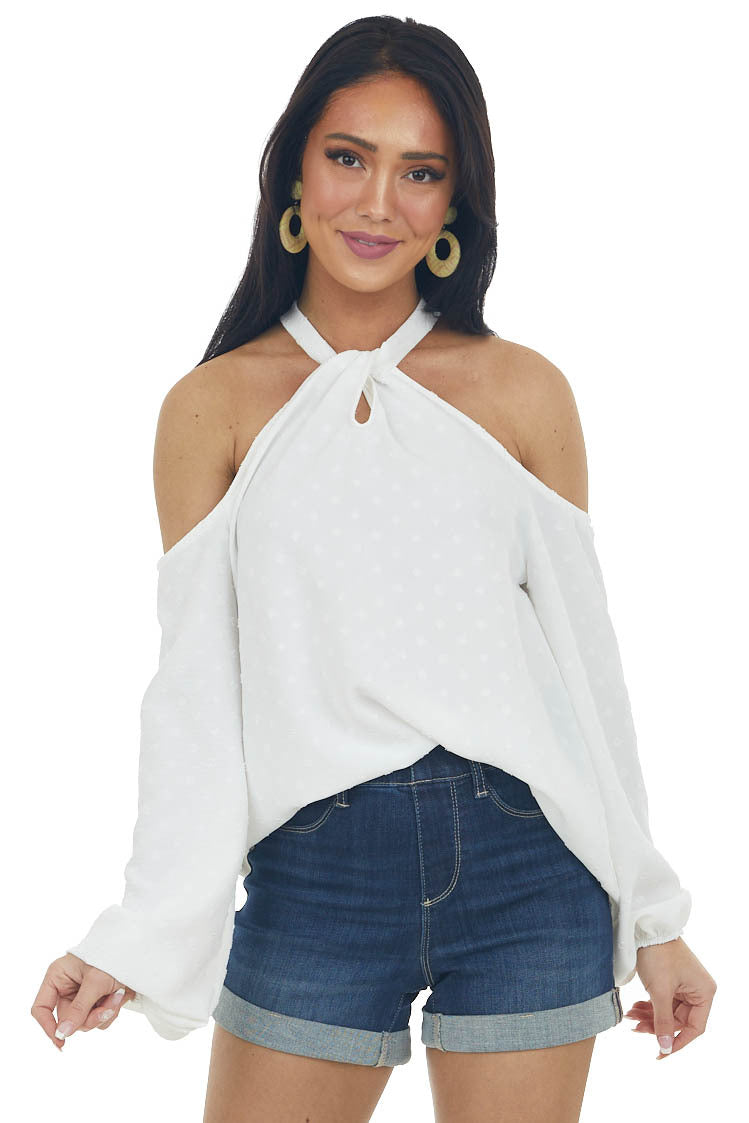 Ivory Swiss Dot Cold Shoulder Halter Blouse 