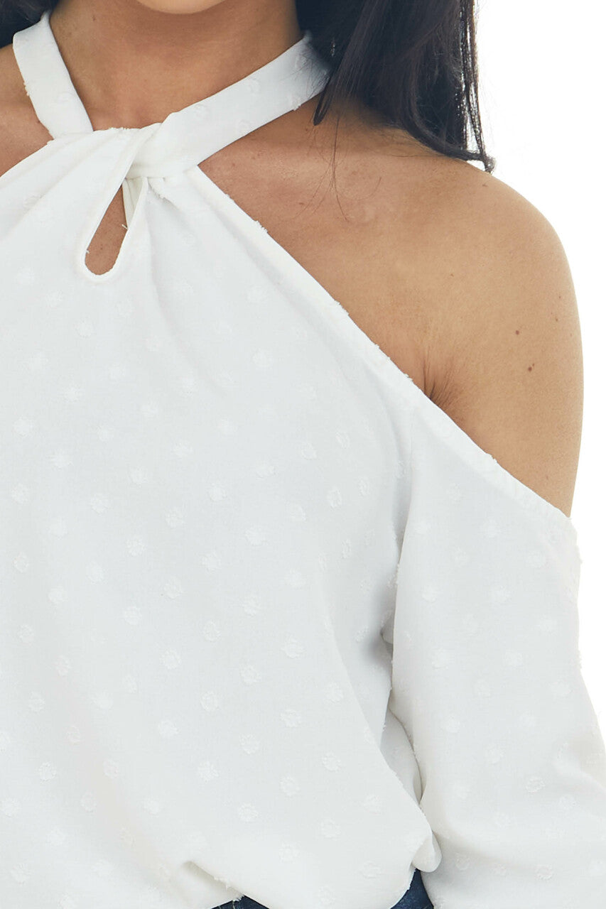 Ivory Swiss Dot Cold Shoulder Halter Blouse 