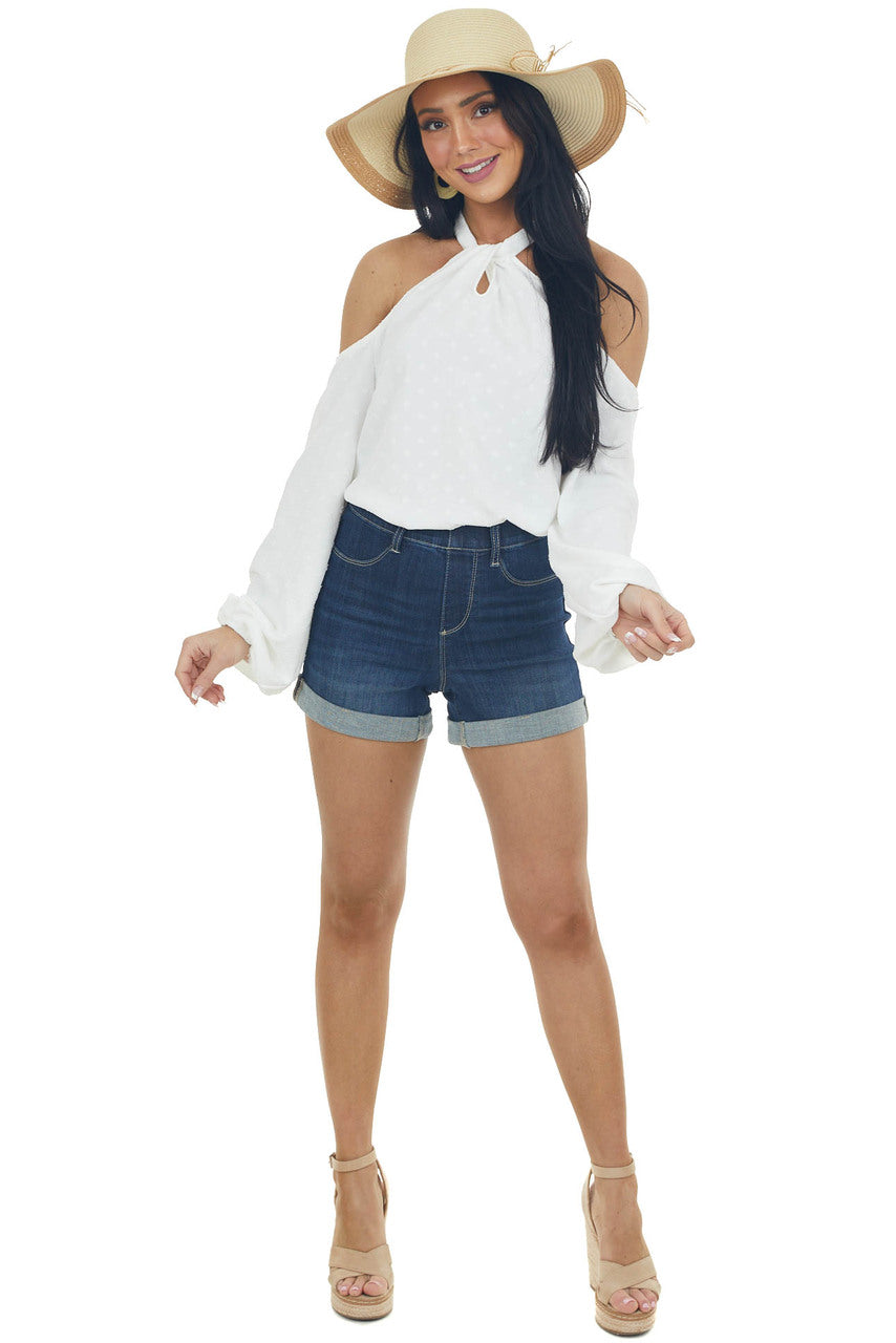 Ivory Swiss Dot Cold Shoulder Halter Blouse 