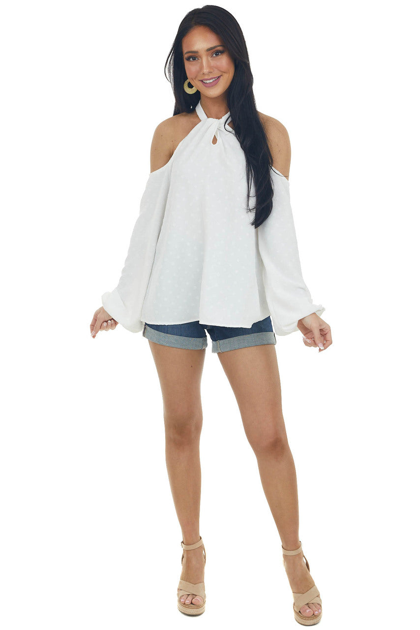 Ivory Swiss Dot Cold Shoulder Halter Blouse 