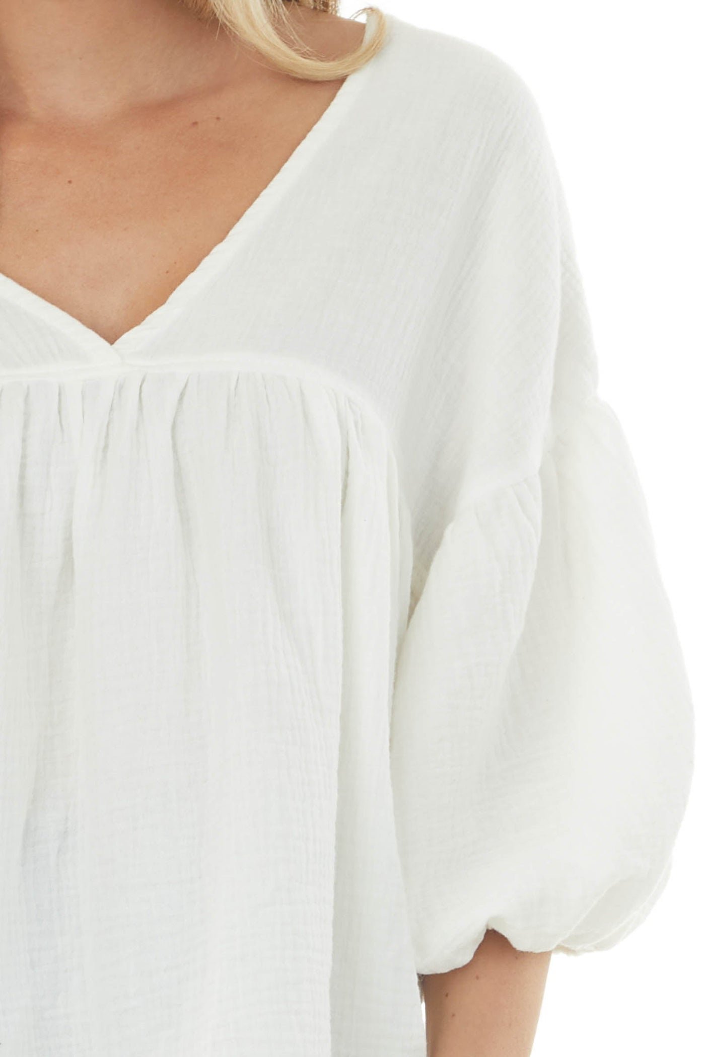 Ivory Textured V Neck Babydoll Top