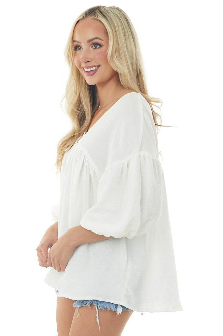 Ivory Textured V Neck Babydoll Top