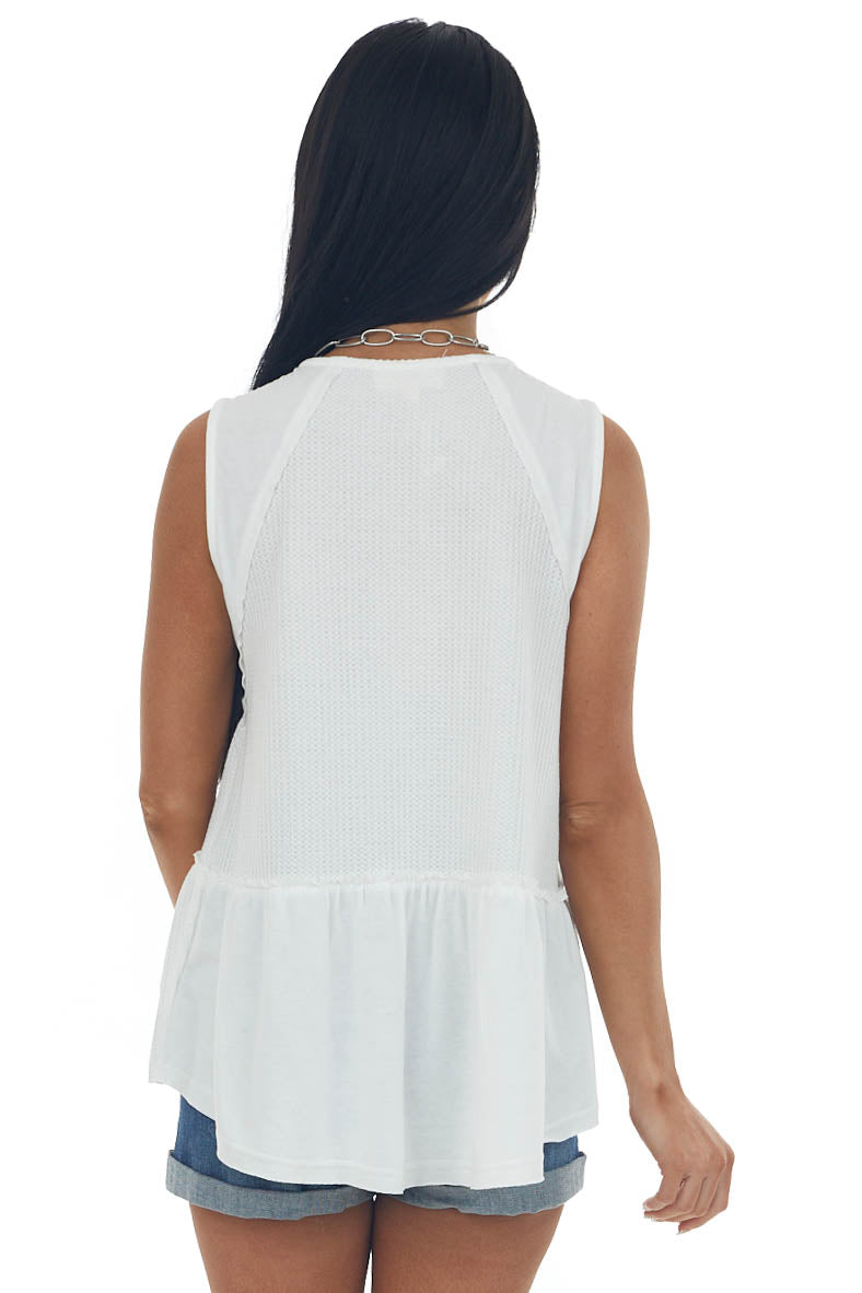 Ivory V Neck Tank Top with Front Button Up Detail