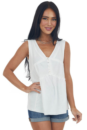 Ivory V Neck Tank Top with Front Button Up Detail
