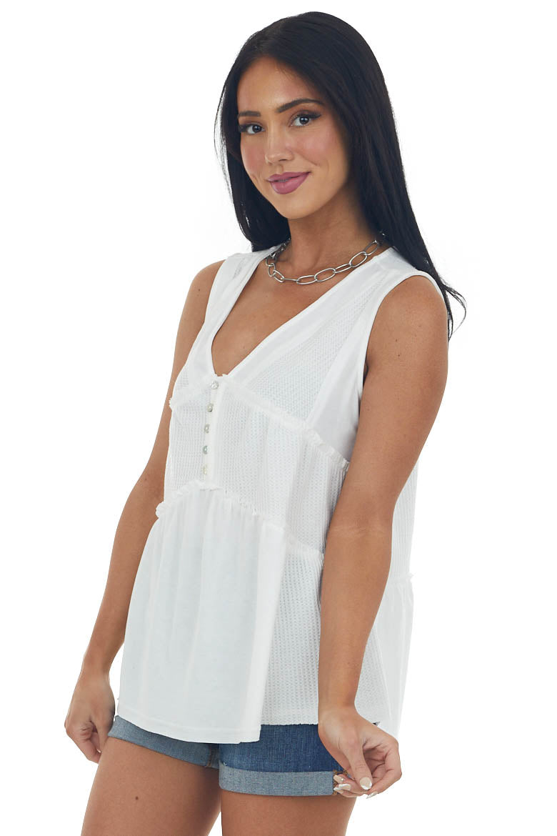 Ivory V Neck Tank Top with Front Button Up Detail