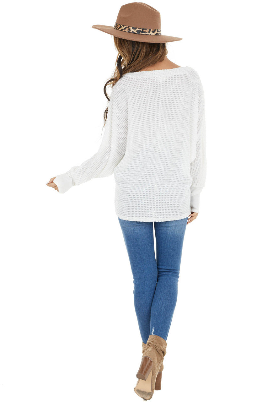 Ivory Waffle Knit Dolman Sleeve Top with Long Banded Cuffs