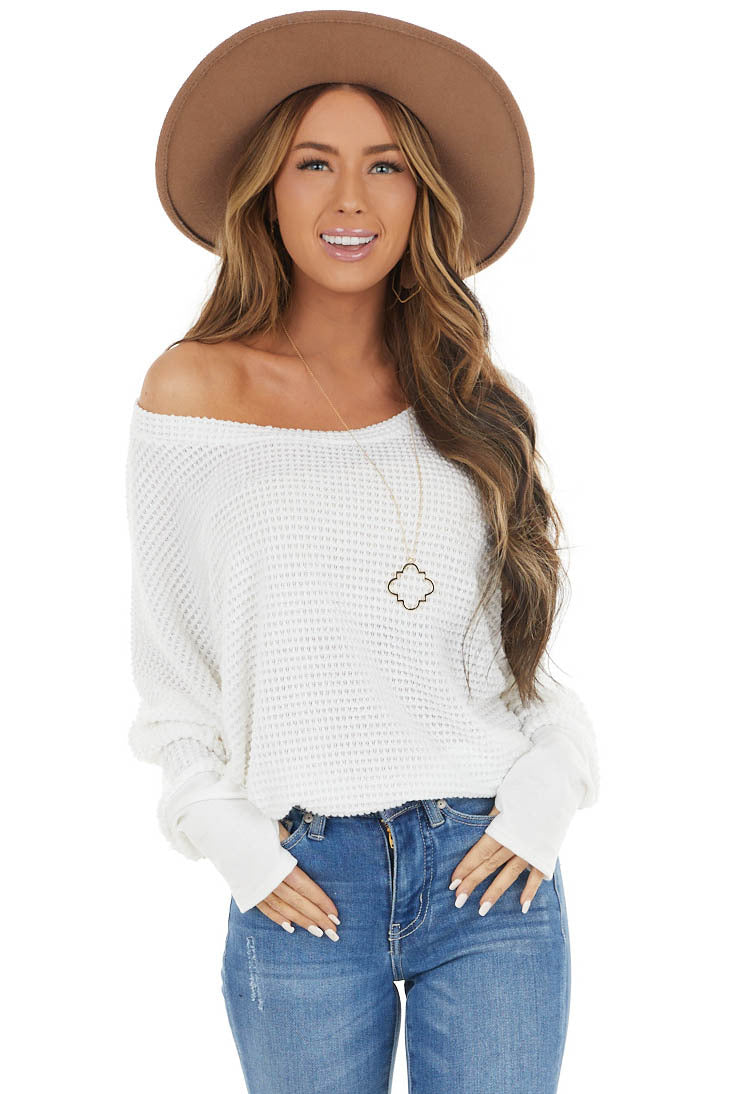 Ivory Waffle Knit Dolman Sleeve Top with Long Banded Cuffs