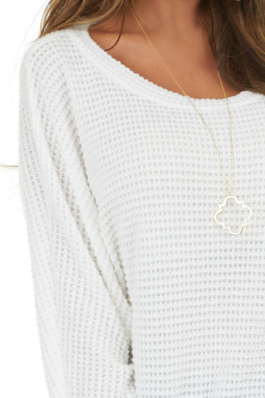 Ivory Waffle Knit Dolman Sleeve Top with Long Banded Cuffs
