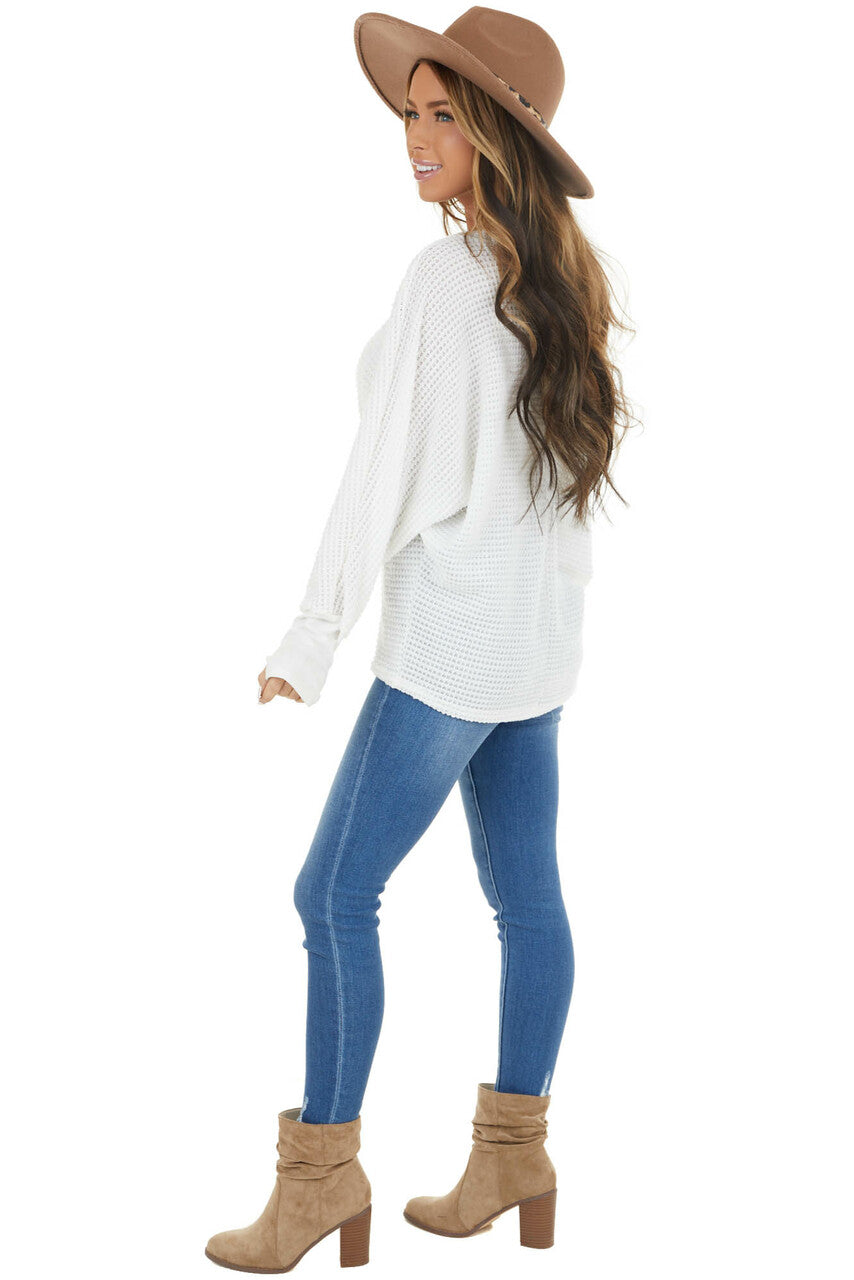 Ivory Waffle Knit Dolman Sleeve Top with Long Banded Cuffs