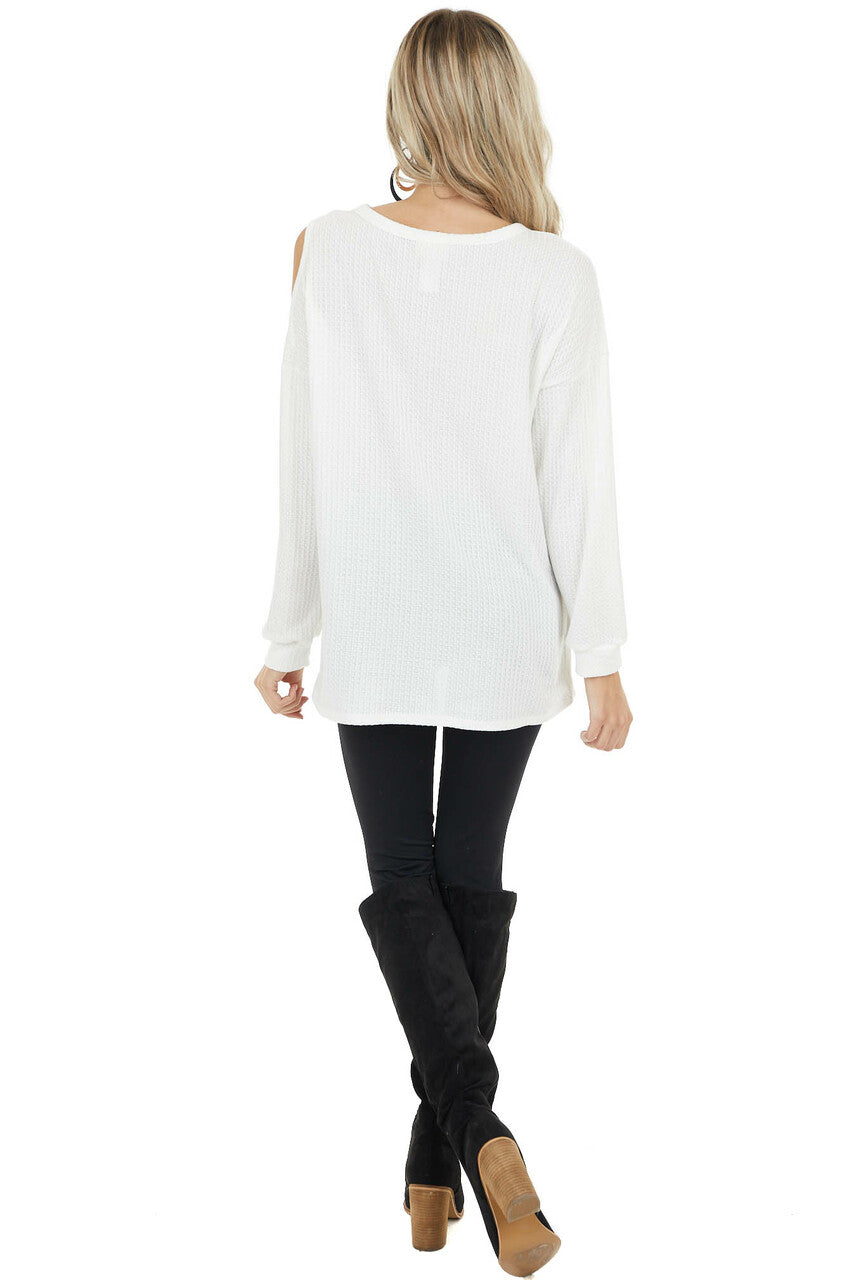 Ivory Waffle Knit Single Cold Shoulder Top with Neck Cutout