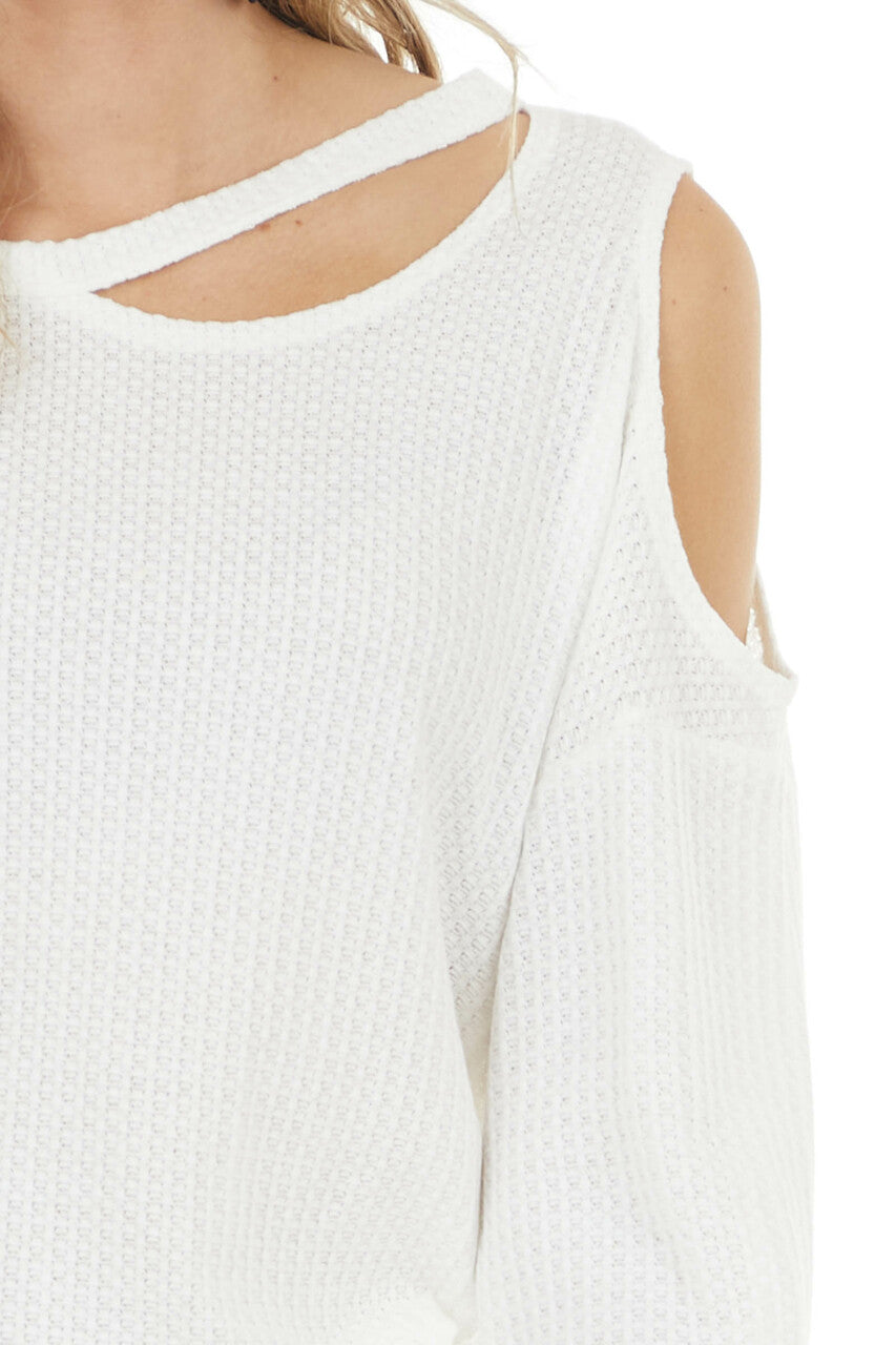 Ivory Waffle Knit Single Cold Shoulder Top with Neck Cutout