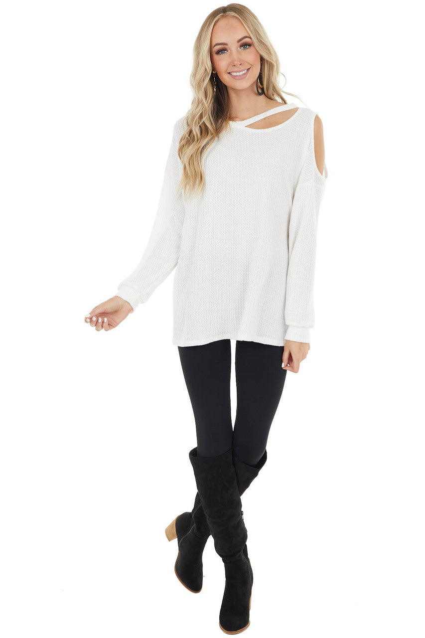 Ivory Waffle Knit Single Cold Shoulder Top with Neck Cutout