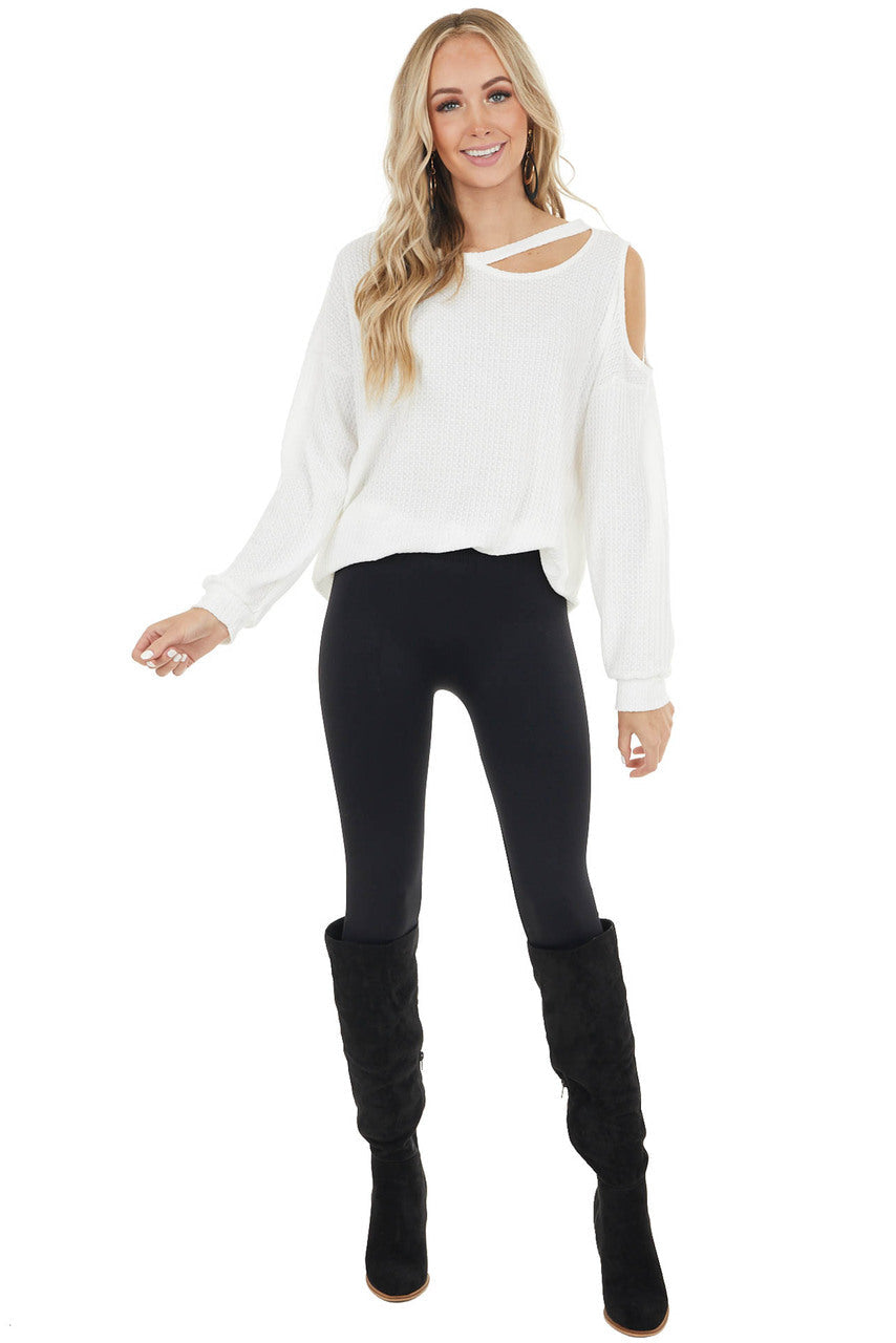 Ivory Waffle Knit Single Cold Shoulder Top with Neck Cutout