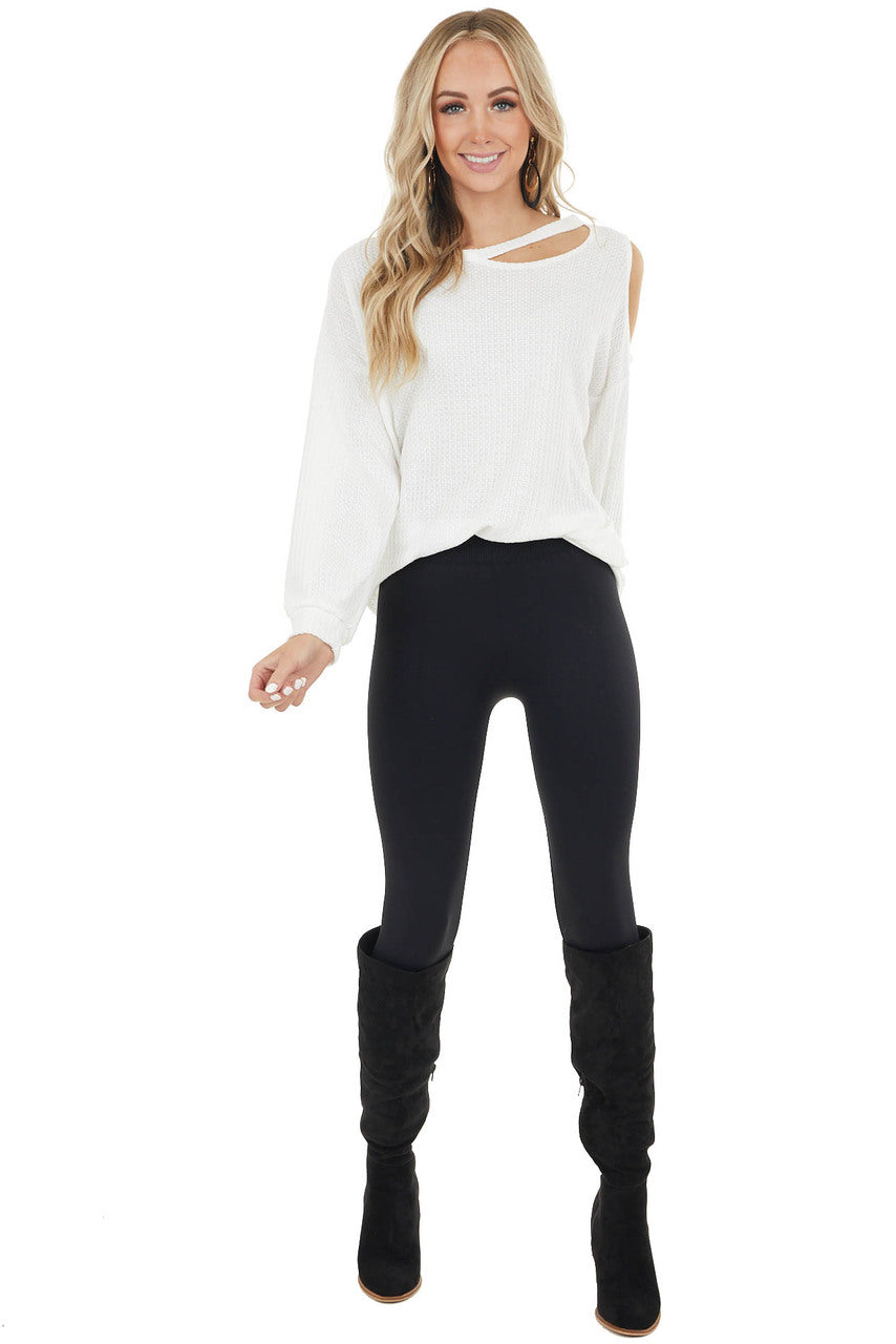 Ivory Waffle Knit Single Cold Shoulder Top with Neck Cutout