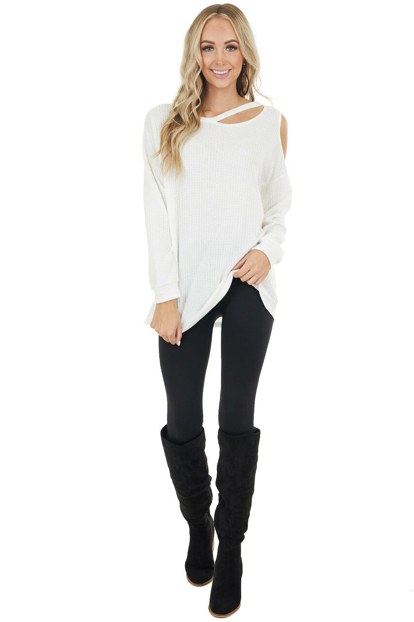 Ivory Waffle Knit Single Cold Shoulder Top with Neck Cutout
