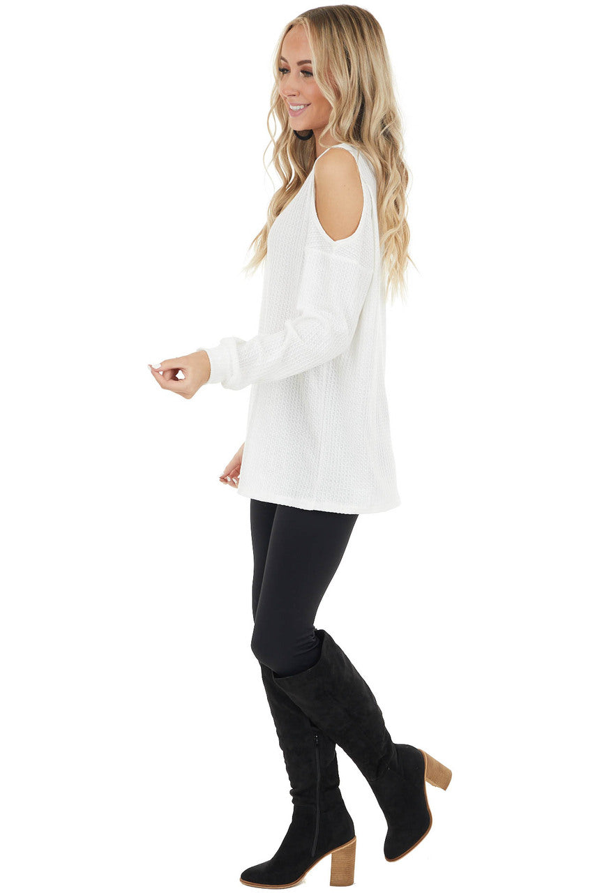 Ivory Waffle Knit Single Cold Shoulder Top with Neck Cutout