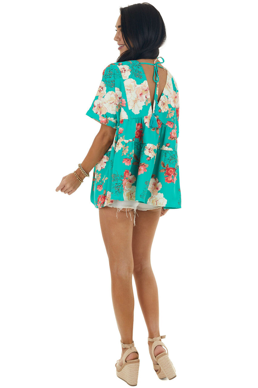 Jade Green Floral Print V Neck Babydoll Top 