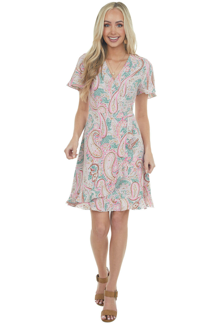 Jade Paisley Print Faux Wrap Short Dress