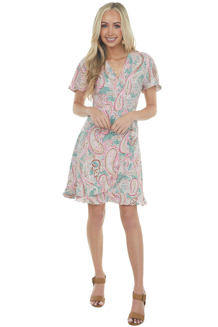 Jade Paisley Print Faux Wrap Short Dress