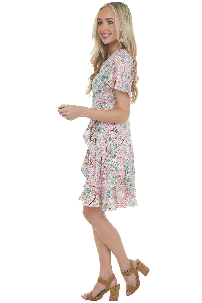 Jade Paisley Print Faux Wrap Short Dress