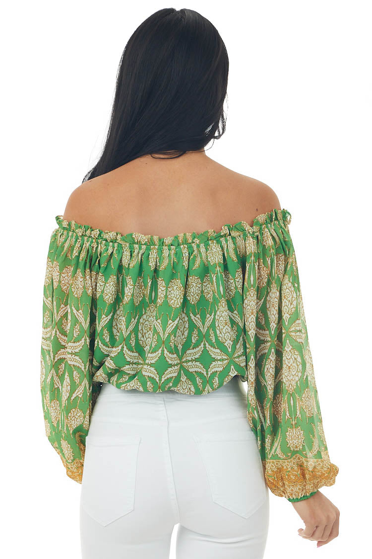 Jade Printed Off Shoulder Puff Sleeve Crop Top