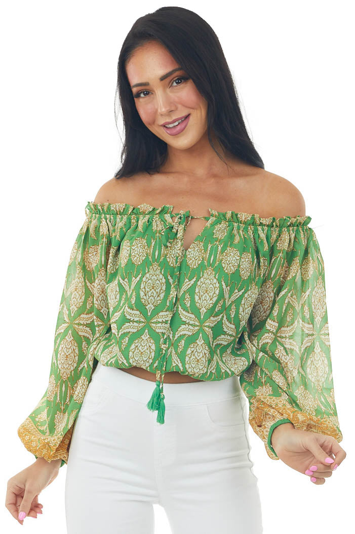 Jade Printed Off Shoulder Puff Sleeve Crop Top