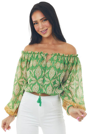 Jade Printed Off Shoulder Puff Sleeve Crop Top