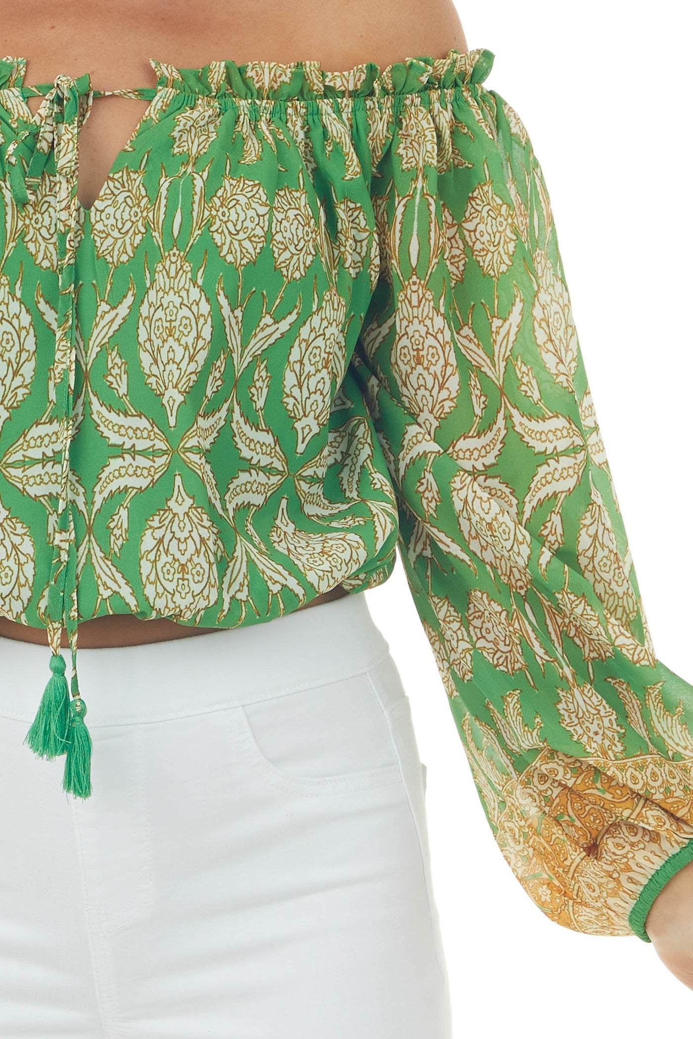 Jade Printed Off Shoulder Puff Sleeve Crop Top