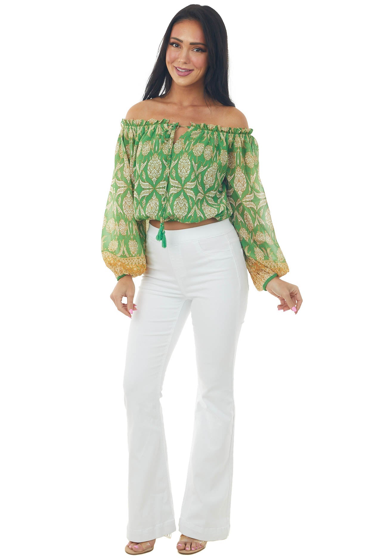 Jade Printed Off Shoulder Puff Sleeve Crop Top