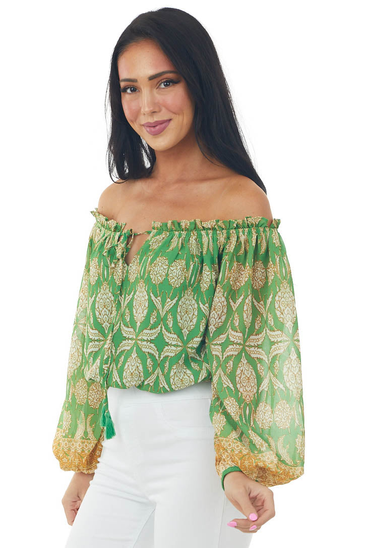 Jade Printed Off Shoulder Puff Sleeve Crop Top