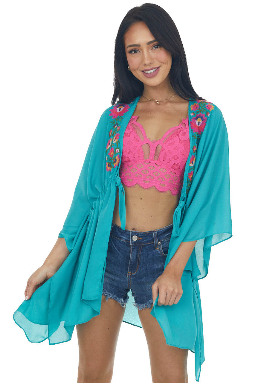Jungle Green Floral Embroidered Waist Tie Kimono