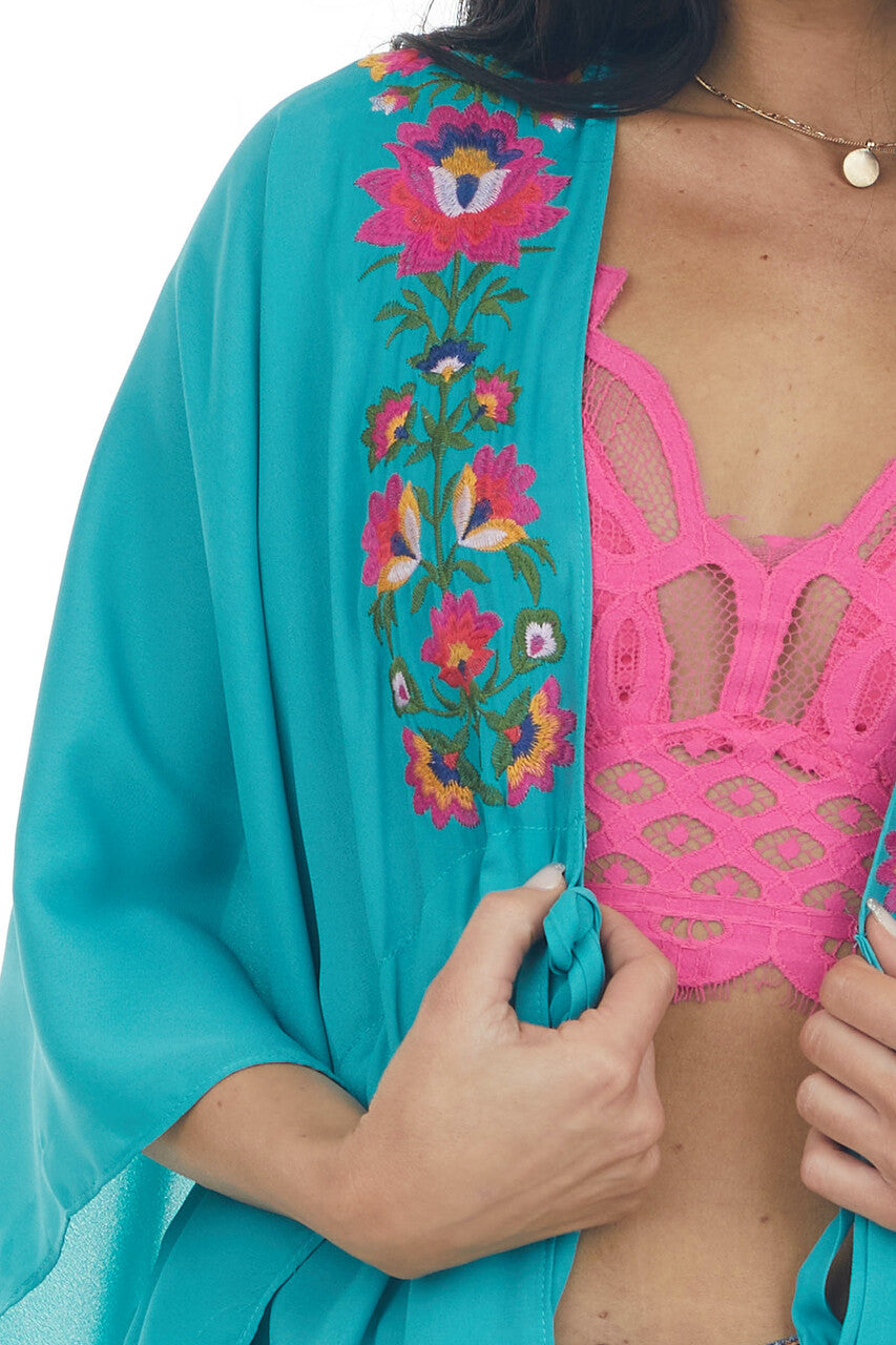 Jungle Green Floral Embroidered Waist Tie Kimono