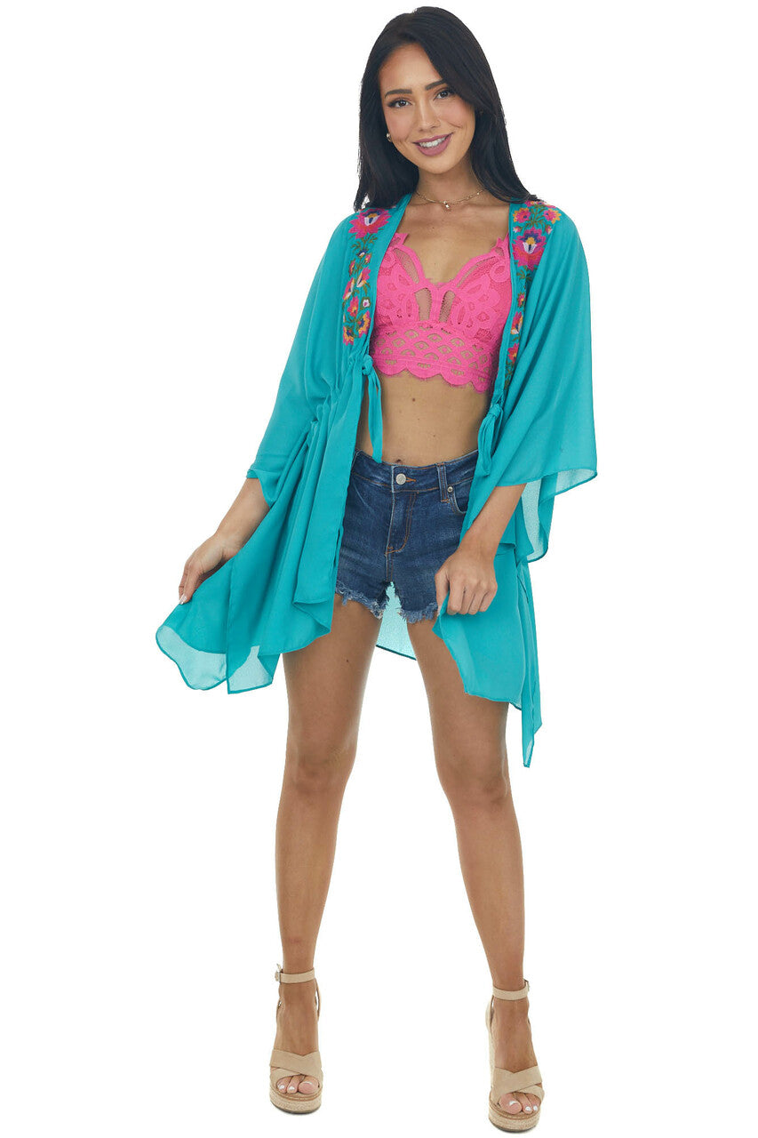 Jungle Green Floral Embroidered Waist Tie Kimono