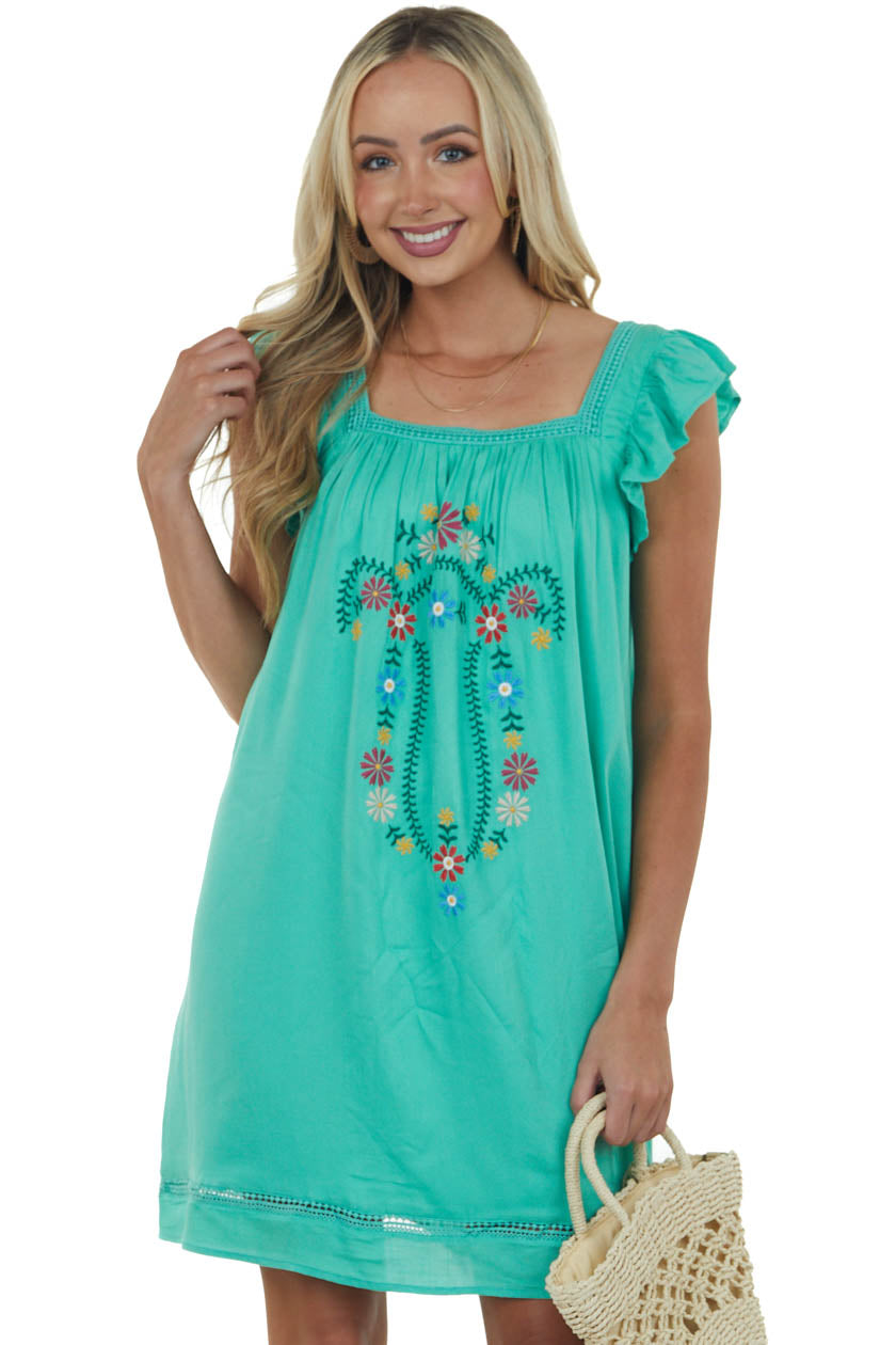 Jungle Green Floral Embroidered Woven Short Dress