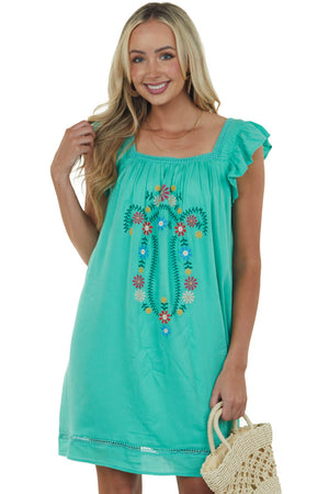 Jungle Green Floral Embroidered Woven Short Dress