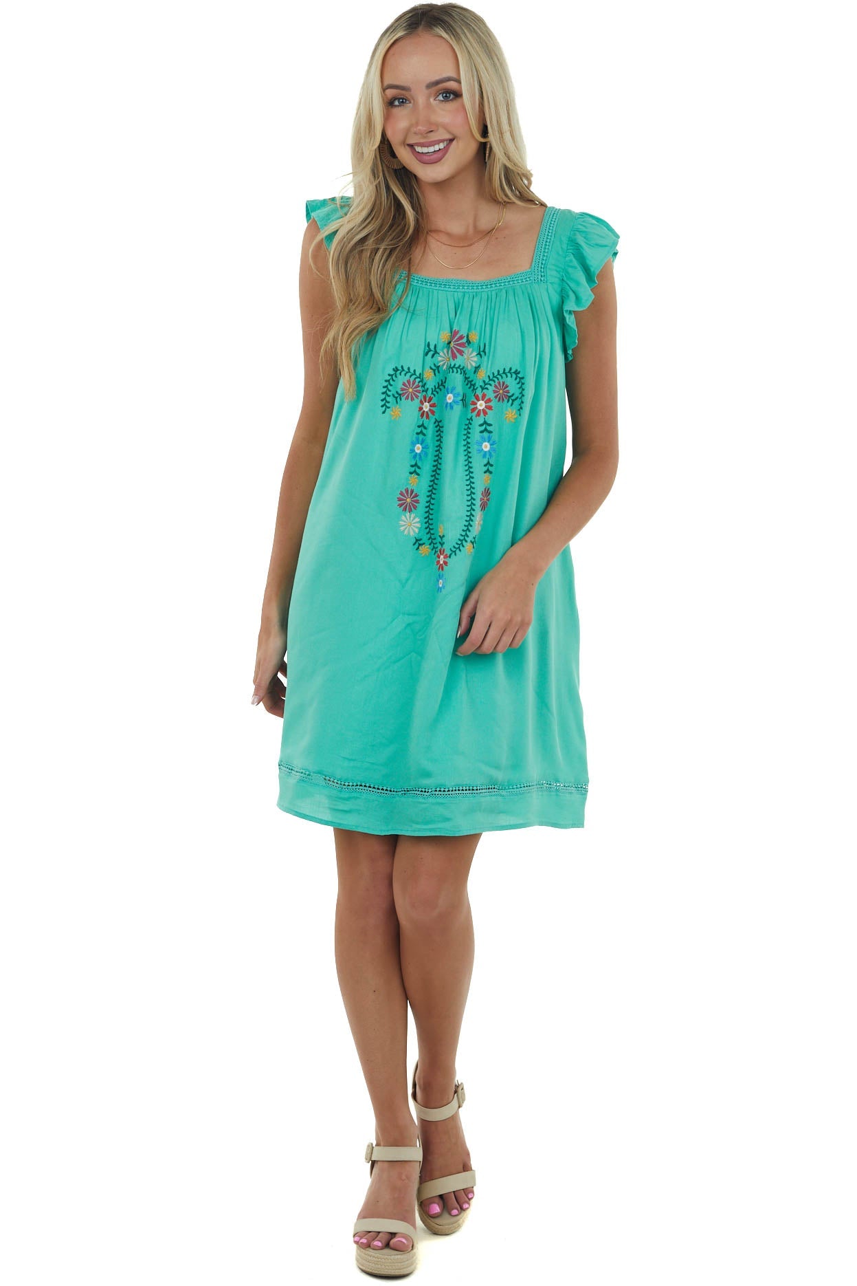 Jungle Green Floral Embroidered Woven Short Dress