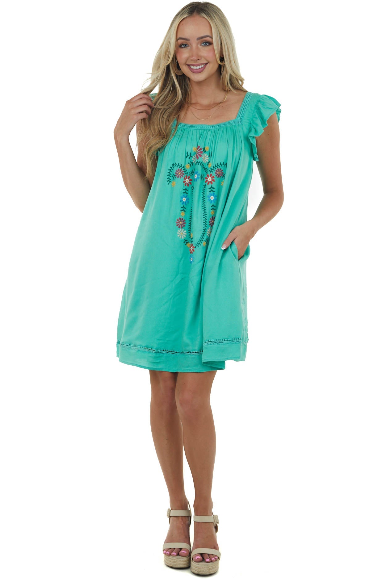 Jungle Green Floral Embroidered Woven Short Dress