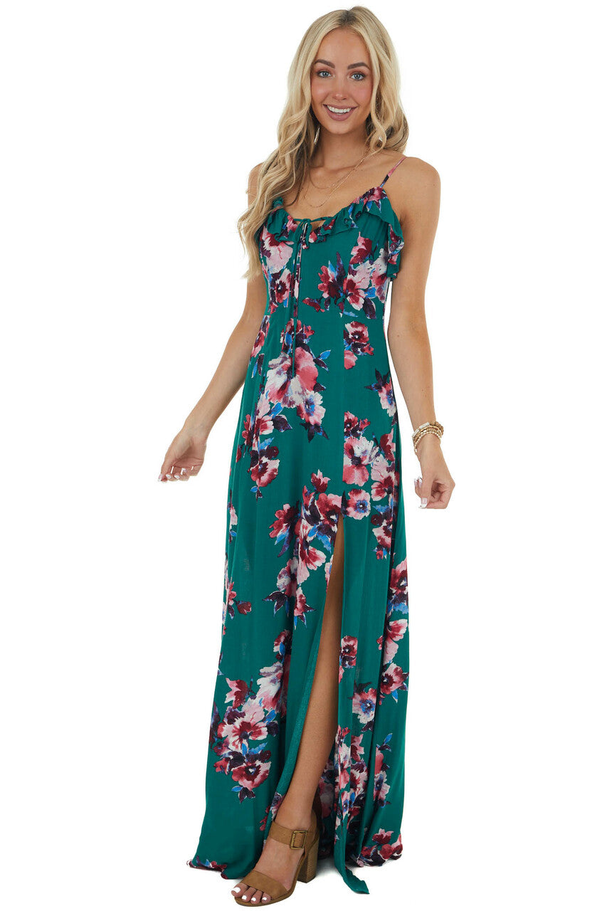 Jungle Green Floral Sleeveless Maxi Dress